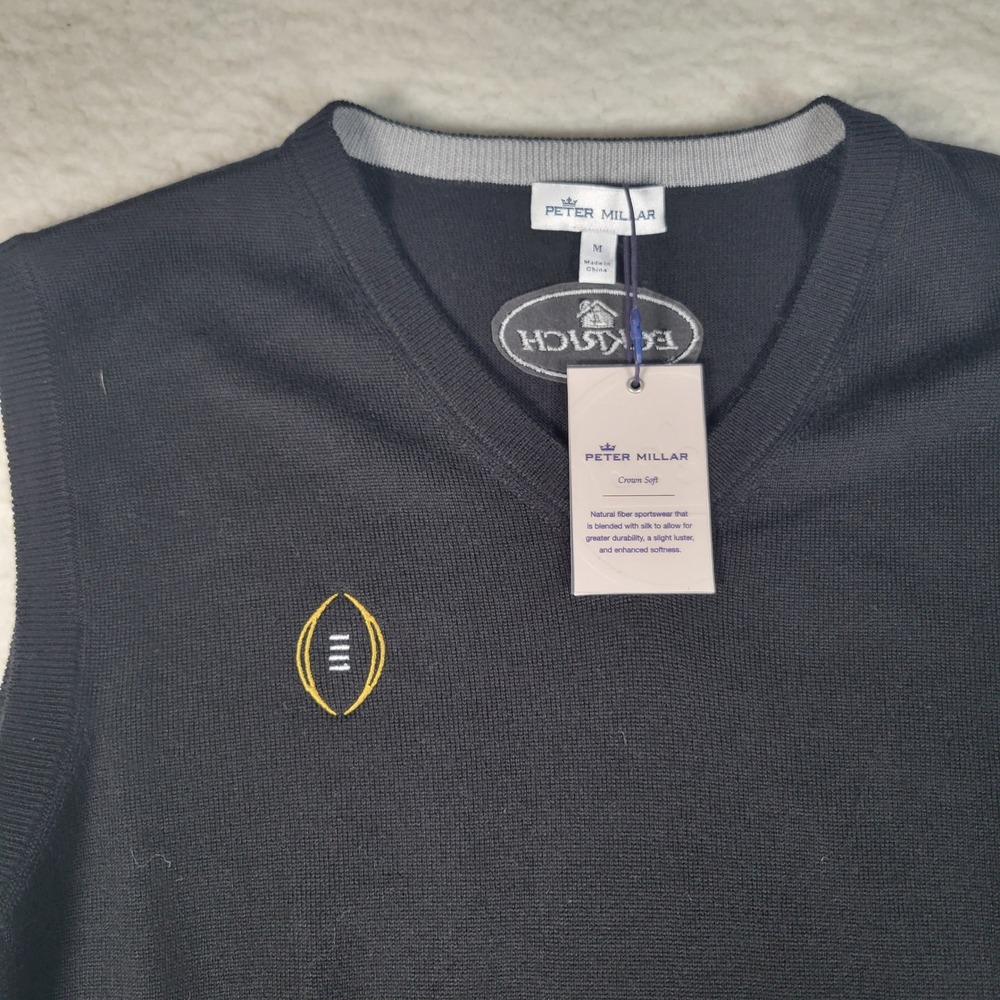 Peter Millar Sweater Vest Mens Size M Black Crown Soft Merino Silk Football Logo